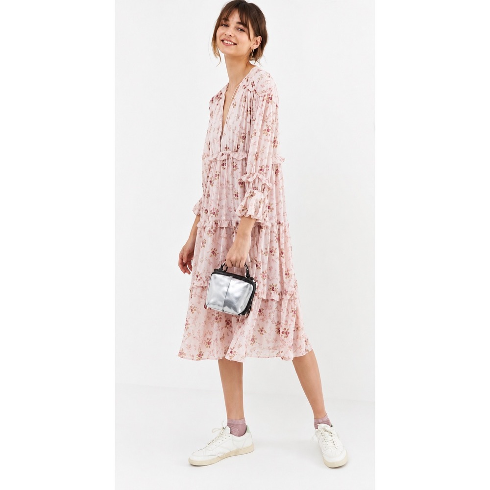 Ghospell Pink Floral Tiered Midi Dress V-Neck Ruffle Long Sleeve Medium